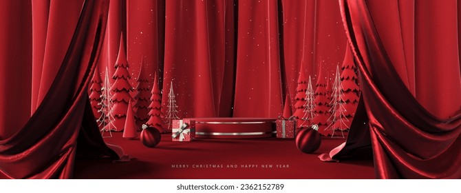 Red Christmas greeting card. Empty round podium for product presentation on red background. 3D Rendering, 3D Illustration - Powered by Shutterstock