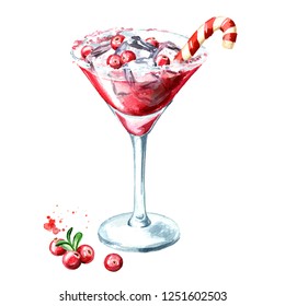 Red Christmas Martini Cocktail With Cranberry And Ice Cubes. Watercolor Hand Drawn Illustration, Isolated On White Background