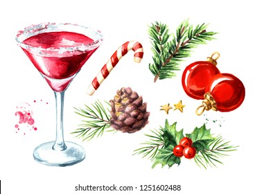 Red Christmas Martini Cocktail Elements Set. Watercolor Hand Drawn Illustration, Isolated On White Background