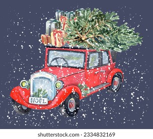 Red christmas retro car, happy new year truck, oldtimer, snowflackes, christmas tree. Isolated element  on a dark background. Hand drawn in watercolor. Stock illustration. - Powered by Shutterstock