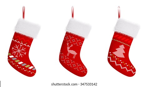 Red Christmas Stockings With Patterns Isolated Over White 3d Rendering