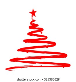 Red Christmas Tree Silhouette. Hand Drawn / Painted Artistic Illustration Of A X Mas Tree Isolated On White Background