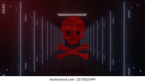 Red circuitry and digital skull image over dark server room background. Technology, cybersecurity, data center, hacking, futuristic, network