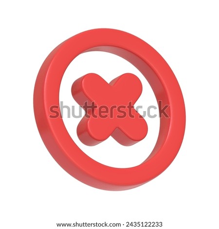 A red circular button with a cross in the center isolated on a white background, commonly used as an icon for error or close functions. 3D icon, sign and symbol. Side view. 3D Render Illustration