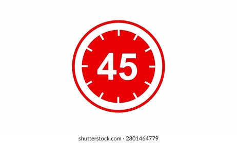 a red circular clock face centered on a solid white background. The number forty-five is clearly displayed in the middle of the circle, surrounded by small tick marks representing minutes or seconds. The is clean, minimalist, and high-contrast, making it use as a timer, countdown or a visual representation of a specific time duration in digital interfaces or instructional The bold lines provide a clear and legible visual indicator.