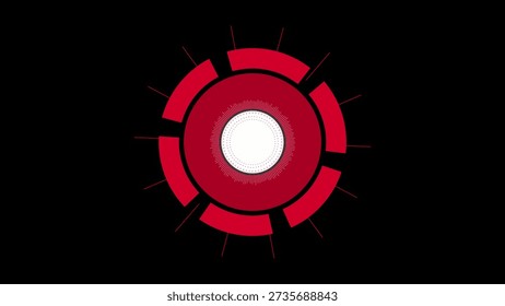 A red circular segmented with radiating lines and a white center resembling an iris or radar set against a dark background