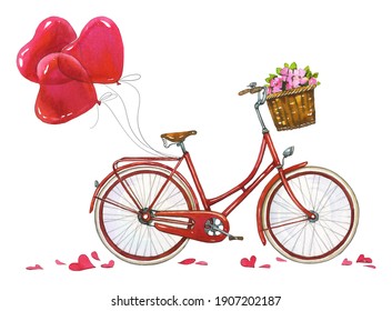 Red classic bicycle with heart-shaped balloons. Watercolor valentine card.
