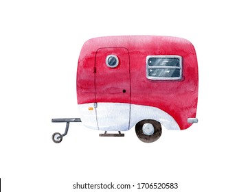 Red classic camper van isolated on white background. Retro trailer, vintage house on wheels. Watercolor illustration, hand dawn clipart.