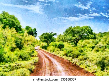 Red clay road among forest safari in african national park oil painting - Powered by Shutterstock