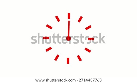 Red clock with rectangular hour markers and a long minute hand pointing at twelve on a white background