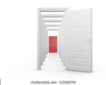 Red closed door behind open doors, isolated on white background.