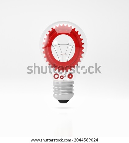 Red cogs and gears inside the light bulb; idea bulb concept on white background; light bulb with cogs working together; 3D rendering, 3D illustration