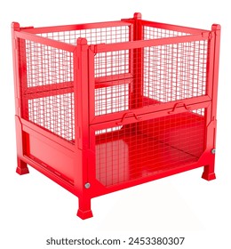 Red collapsible wire mesh pallet. Collapsible transportation box pallet, 3D rendering isolated on white background