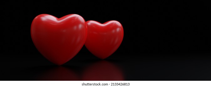 Red Color Heart On Empty Black Background. Balloon Heart Shape, Ad For Cardiac Care, Love Symbol, Valentine Day Celebration. Copy Space, Banner. 3d Render