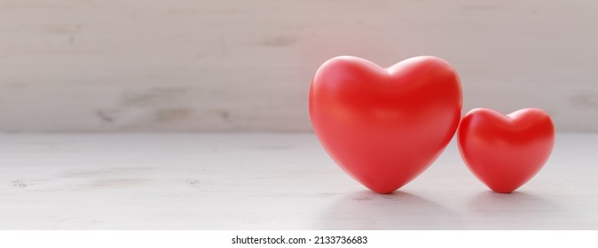 Red Color Heart On Empty Wooden Background. Balloon Heart Shape, Ad For Cardiac Care, Love Symbol, Valentine Day Celebration. Copy Space, Banner. 3d Render