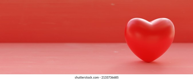 Red Color Heart On Empty Red Wooden Background. Balloon Heart Shape, Ad For Cardiac Care, Love Symbol, Valentine Day Celebration. Copy Space, Banner. 3d Render