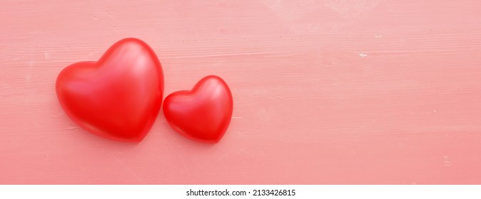 Red Color Heart. Overhead View Of Balloon Heart Shape, Ad For Cardiac Care, Love Symbol, Valentine Day Celebration. Copy Space, Banner. 3d Render