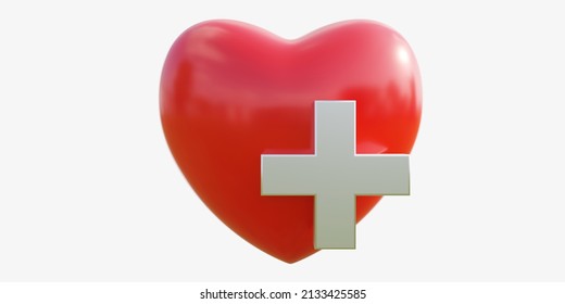 Red Color Heart Shape With White Cross On, Isolated Cutout On White Background. Shiny Symbol For First Aid, Cardiac Care, Pharmaceutical Assistance. 3d Render