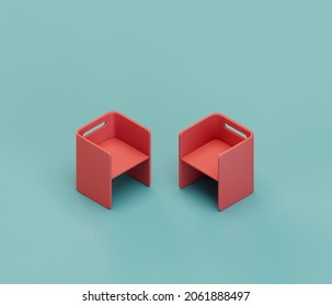 Red Color Kid Chairs. Isometric Playground Object For Physical And Mental Development Of Children. Monochrome Single Color, 3d Rendering. No People.