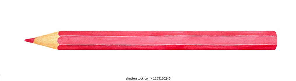Red Colored Pencil Watercolour Illustration. One Single Object, Top View, Bright Tint. Wooden Hexagonal Barrel, Without Eraser. Hand Painted Water Colour Graphic, Cutout Clipart Element For Design.