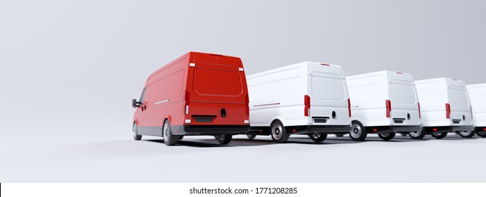 Red Commercial Van And Fleet Of White Trucks. Transport, Shipping Industry. 3D Illustration