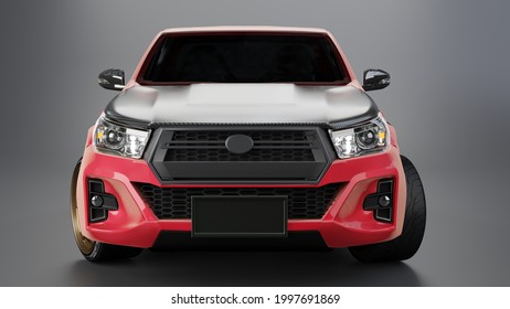 Red compact car - front view closeup shot.3D render.