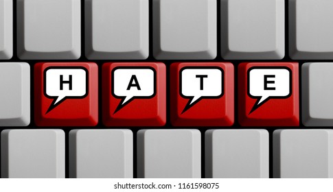 Red Computer Keyboard Showing Hate In Speech Bubbles