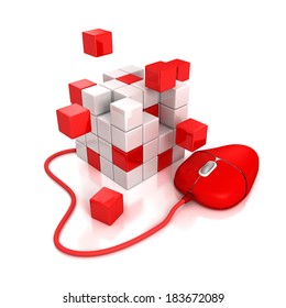 red computer mouse connect to abstract cubes structure. 3D render on white background