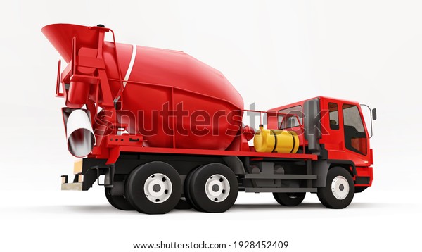 Red\
concrete mixer truck white background. Three-dimensional\
illustration of construction equipment. 3d\
rendering