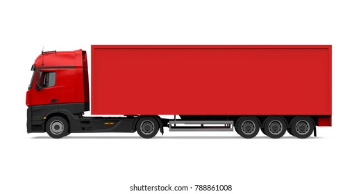 Red Container Truck Isolated (side View). 3D Rendering