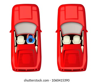 Red Convertible Car Top View. Car With Driver And Car Without Driver On White Background