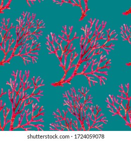 Red Coral Pattern On A Blue Background, Closeup Watercolor Illustration