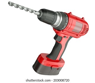 Red Cordless Drill Isolated On A White Background. 3D Render