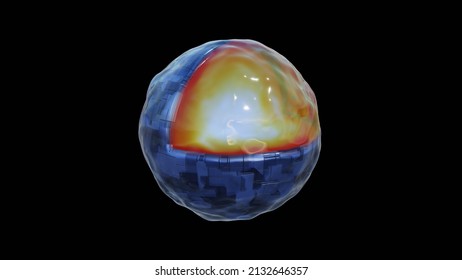 Red Core Of Fire On A Black Background. Abstract Blue Sphere Background. 3D Illustration