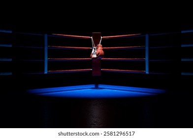 The red corner of a boxing ring with gloves hanging on a pole spotlit on an isolated dark background - 3D render