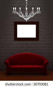 Red couch with empty frame and luxury chandelier in minimalist interior