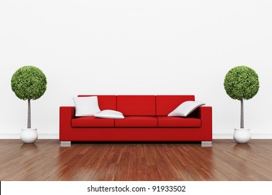 Red Couch On Wooden Floor With White Cushions