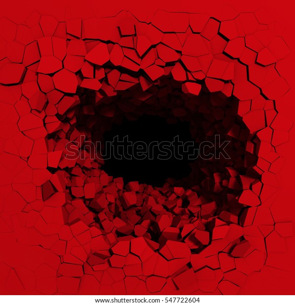 Red cracked wall with broken explosion hole\
to black dark. 3d render\
illustration