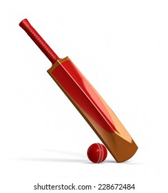 red cricket ball and wooden bat isolated on white. 3D render