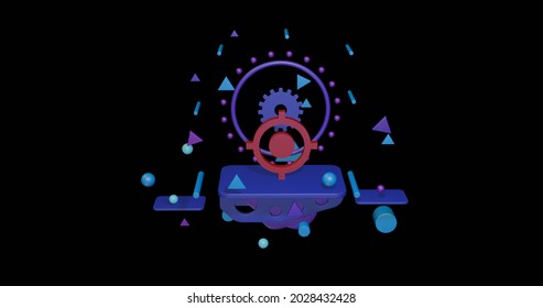 Red Crosshair Symbol On A Pedestal Of Abstract Geometric Shapes Floating In The Air. Abstract Concept Art With Flying Shapes In The Center. 3d Illustration On Black Background