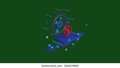 Red Crosshair Symbol On A Pedestal Of Abstract Geometric Shapes Floating In The Air. Abstract Concept Art With Flying Shapes In The Center. 3d Illustration On Green Background