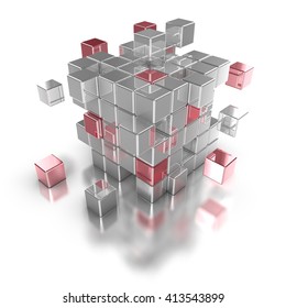 Red Cubes Flying Out Of A Huge Silver Cube As A Big Data Concept 3D Illustration