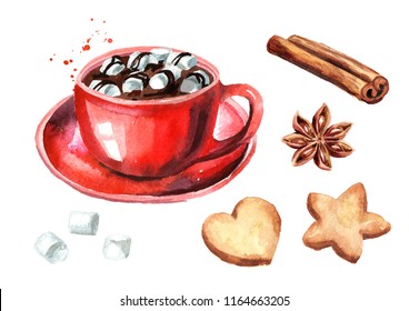 Red Cup Of Hot Chocolate With Marshmallow, Cinnamon Stick And Star Anise And Christmas Cookies Set. Watercolor Hand Drawn Illustration Isolated On White Background