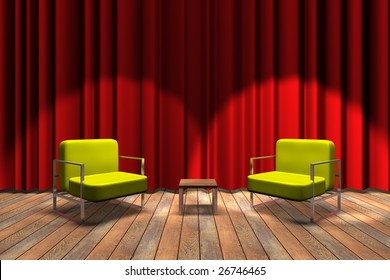 Red Curtain Stage With Two Yellow Sofas And Small Table