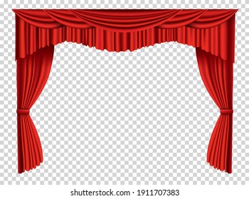 Red Curtains Realistic. Theater Fabric Silk Decoration For Movie Cinema Or Opera Hall. Curtains And Draperies Interior Decoration Object. Isolated On Transparent For Theater Stage