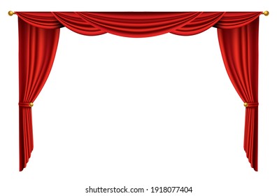 Red Curtains Realistic. Theater Fabric Silk Decoration For Movie Cinema Or Opera Hall. Curtains And Draperies Interior Decoration Object. Isolated On White For Theater Stage