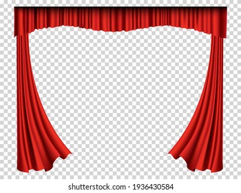 Red curtains realistic. Theater fabric silk decoration for movie cinema or opera hall. Curtains and draperies interior decoration object. Isolated on transparent for theater stage
