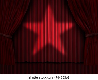 Red Curtains With A Star Light Shinning On The Velvet Drapes On A Stage As A Symbol Of Cinema And Theater Acting Performance Entertainment Or Movie Rating To Award And Rate A Show Or Video.