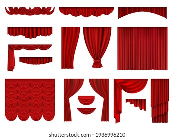 Red curtains. Textile theatrical opera scenes decoration curtains realistic collection set