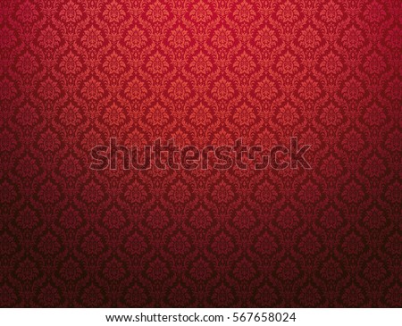 Red damask wallpaper with floral patterns